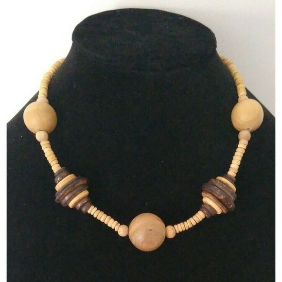 Vintage Wood Big Bead Choker Necklace Primitive Primal Statement Brown 18" - Picture 1 of 4